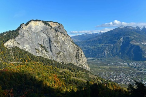 Steep rock face on the south side Ardeve summit above the village of Leytron in the Rhone valley