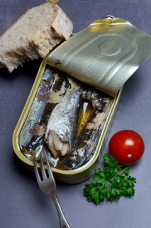 Sardines in opened tin with fork