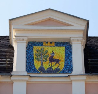 City coat of arms of Bad Ischl at the congress and theatre house in the spa gardens