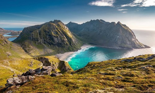 View from the summit to Kvalvika beach and wide sea