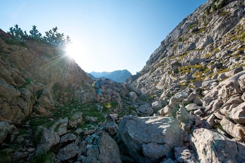 Hiker in karst landscape