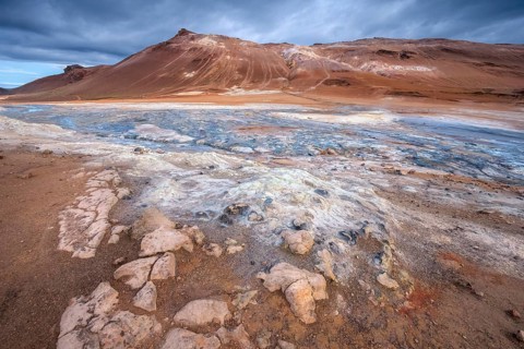 Fumaroles and solfatars in the high-temperature area Hverir Hveraroend geothermal area in the Myvatn region