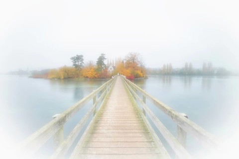 Wooden bridge to Werd Island with Franciscan monastery St