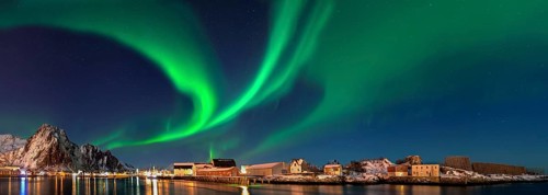 Northern lights in Svolva Panorama Lofoten Norway