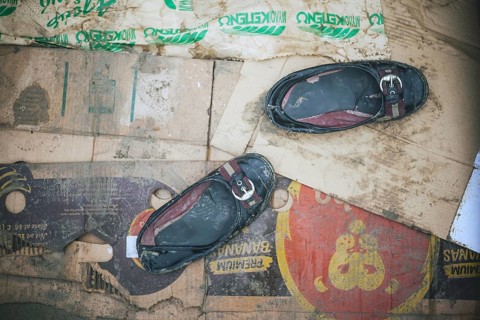 Girls' shoes in a tent