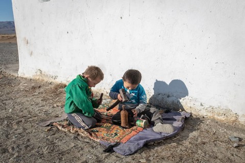 Children of a nomadic family in the Altai mountains