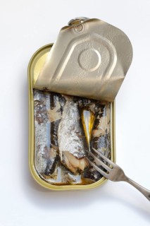 Sardines in opened tin with fork