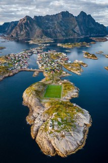 Aerial view of the island world near the fishing village Henningsvaer