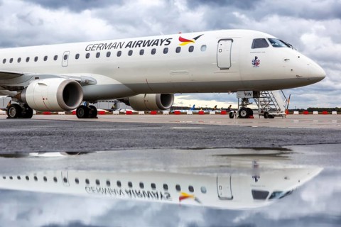 An Embraer 190 of German Airways with the registration number D-AJHW at Cologne Bonn Airport