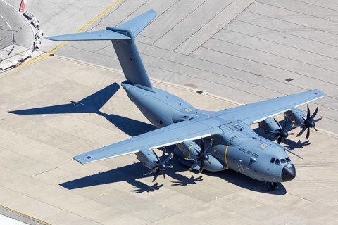 An Airbus A400M of the Royal Air Force with registration mark ZM411 at Gibraltar Airport