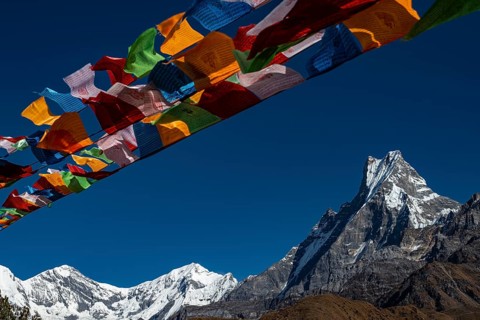 Machapuchare with Buddhist prayer flags