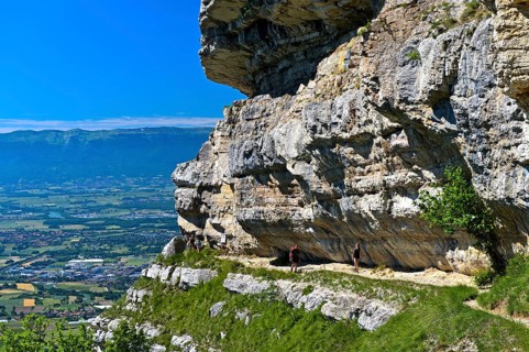 Narrow balcony path La Corraterie with panoramic view of the Geneva basin on the way to the summit Mont Saleve