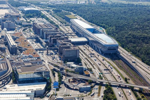 Aerial view The Squaire building and motorway A3 at Frankfurt Airport FRA