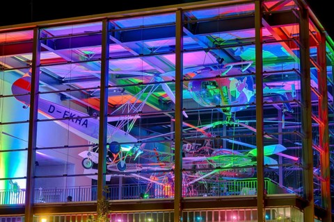 Helicopter Museum colourfully illuminated Bueckeburg Germany