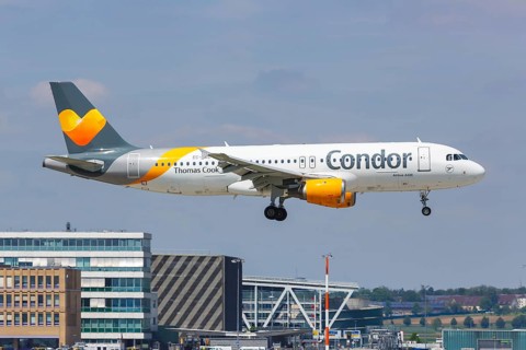 An Airbus A320 of Condor Thomas Cook Airlines Balearics with the registration number EC-NAC at Stuttgart Airport