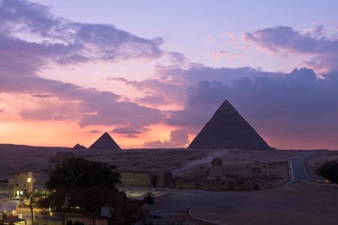 The pyramids of Khafre and Menkaure at sunset