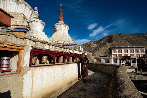 Buddhist prayer wheels and stupas at Lamayuru Monastery