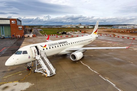 An Embraer 190 of German Airways with the registration number D-AJHW at Cologne Bonn Airport
