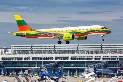 An Air Baltic Airbus A320 with the registration YL-CSK and the special painting Lithuania at Stuttgart Airport