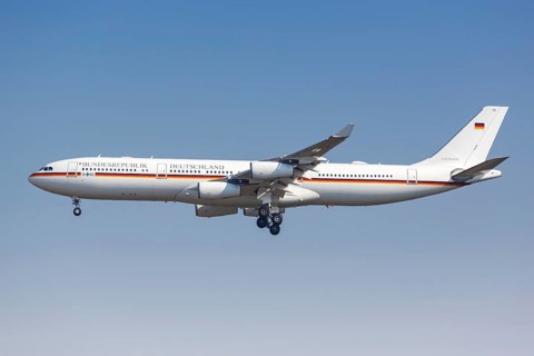 An Airbus A340-300 aircraft of the German Air Force Special Air Mission Wing 16+02 at Leipzig Halle Airport