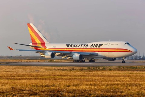 A Boeing 747-400BCF aircraft of Kalitta Air with registration number N745CK at Leipzig Halle Airport