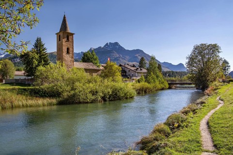 Village church Sils Baselgia on the banks of the Inn