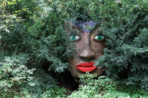 Magical woman face with red lips and green eyes looks through branches