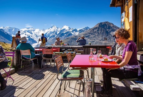 Sun terrace of the Paradise Hut with Piz Palue
