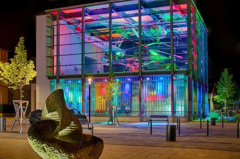 Helicopter museum colourfully illuminated