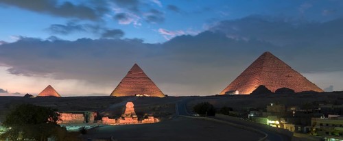 The three main pyramids and sphinx during sound and light show
