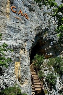 At the entrance to the Orjobet cave on the Orjobet geological trail to the summit of Mont Saleve