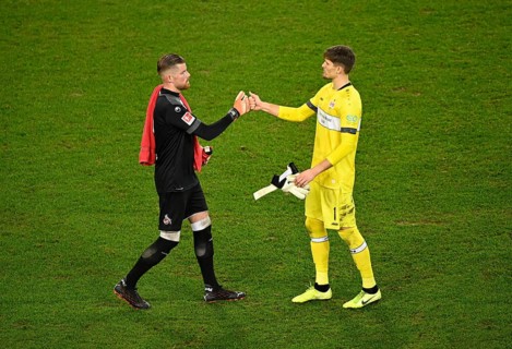 Goalkeeper Timo Horn 1st FC Cologne and goalkeeper Gregor Kobel VfB Stuttgart
