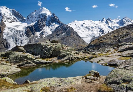 Small mountain lake on Fuorcla Surlej with Piz Roseg and Piz Glueschaint