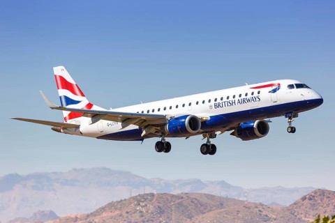 A British Airways Embraer ERJ190 with registration mark G-LCYV lands at Malaga Airport