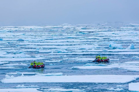 Zodiacs dinghies in ice field