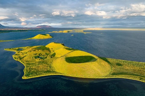 Aerial view of green volcanic island