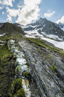 Hikers in front of snow-covered mountains