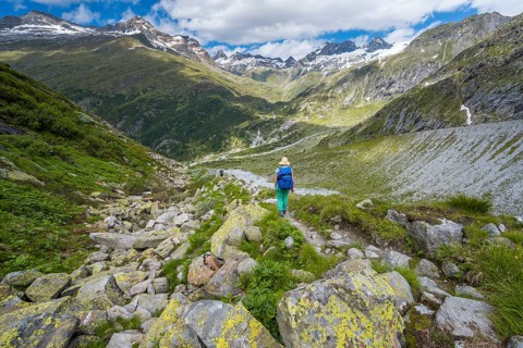 Hiker on the descent from the Schoenbichler Horn to the Berliner Huette