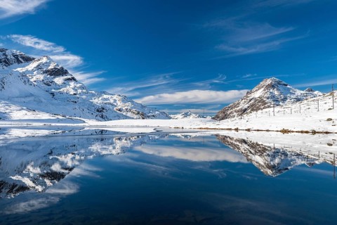 Snowy landscape reflected in Lago Bianco