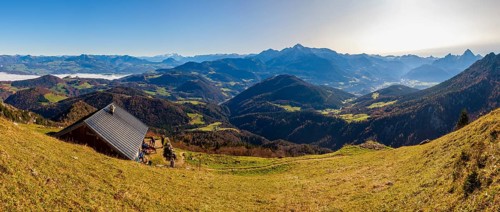 Alpine panorama from the Scheibenkaser Almhuette to the Berchtesgadener Alps