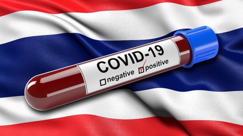 Flag of Thailand waving in the wind with a positive Covid-19 blood test tube. 3D illustration