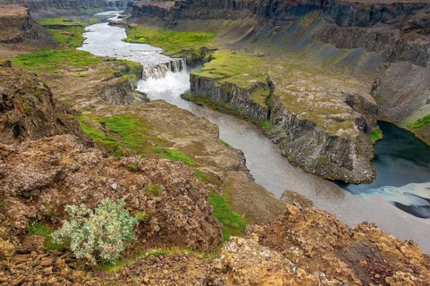 Waterfall falls from green volcanic plain over basalt columns into a canyon