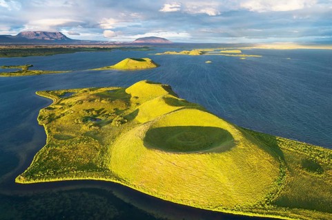 Aerial view of green volcanic island