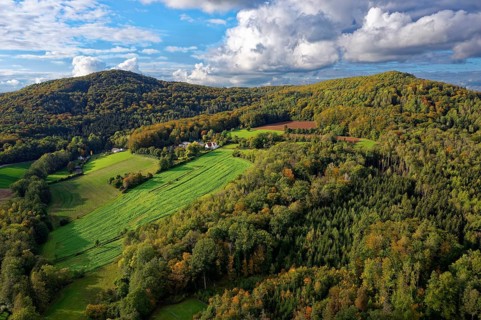 View in autumn from the Michelsberg to forest and cultural landscape with excursion restaurant Fuchsmuehle