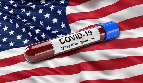 Flag of the United States of America with a positive blood test for the Corona virus Covid-19. 3D illustration