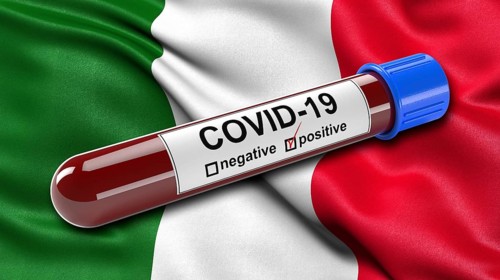 Flag of Italy waving in the wind with a positive Covid-19 blood test tube. 3D illustration