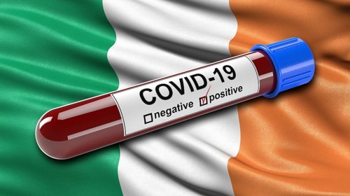 Flag of the Republic of Ireland waving in the wind with a positive Covid-19 blood test tube. 3D illustration