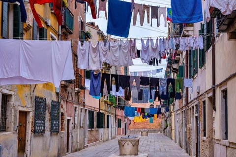 Clotheslines stretched between houses
