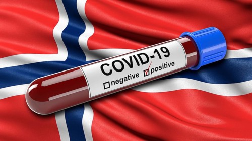 Flag of Norway waving in the wind with a positive Covid-19 blood test tube. 3D illustration