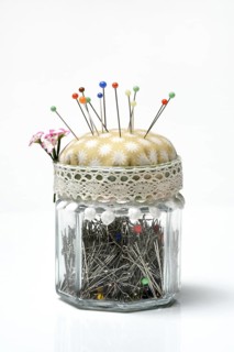 Pincushion with glass jar